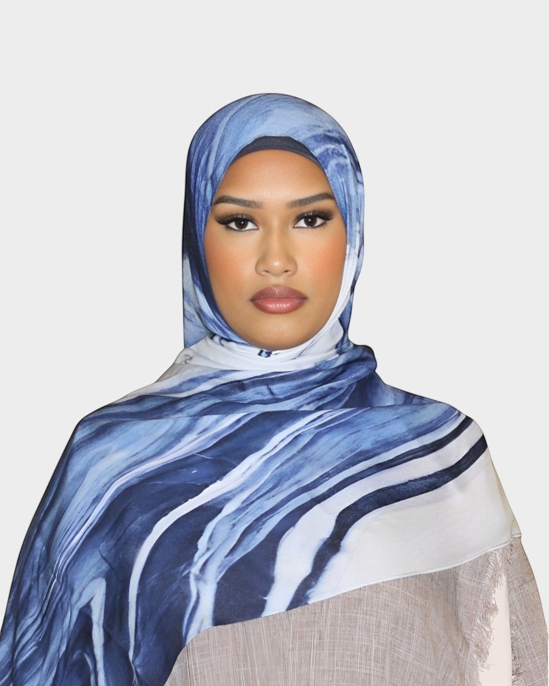 HIJABI LONDON Ocean Ripple Modal Hijab in swirling navy, cobalt, and white. Ultra-soft 100% Modal fabric.