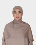 HIJABI LONDON beige premium jersey cotton hijab with 5% Lycra for a soft, stretchy, and breathable fit. Ideal for everyday wear.