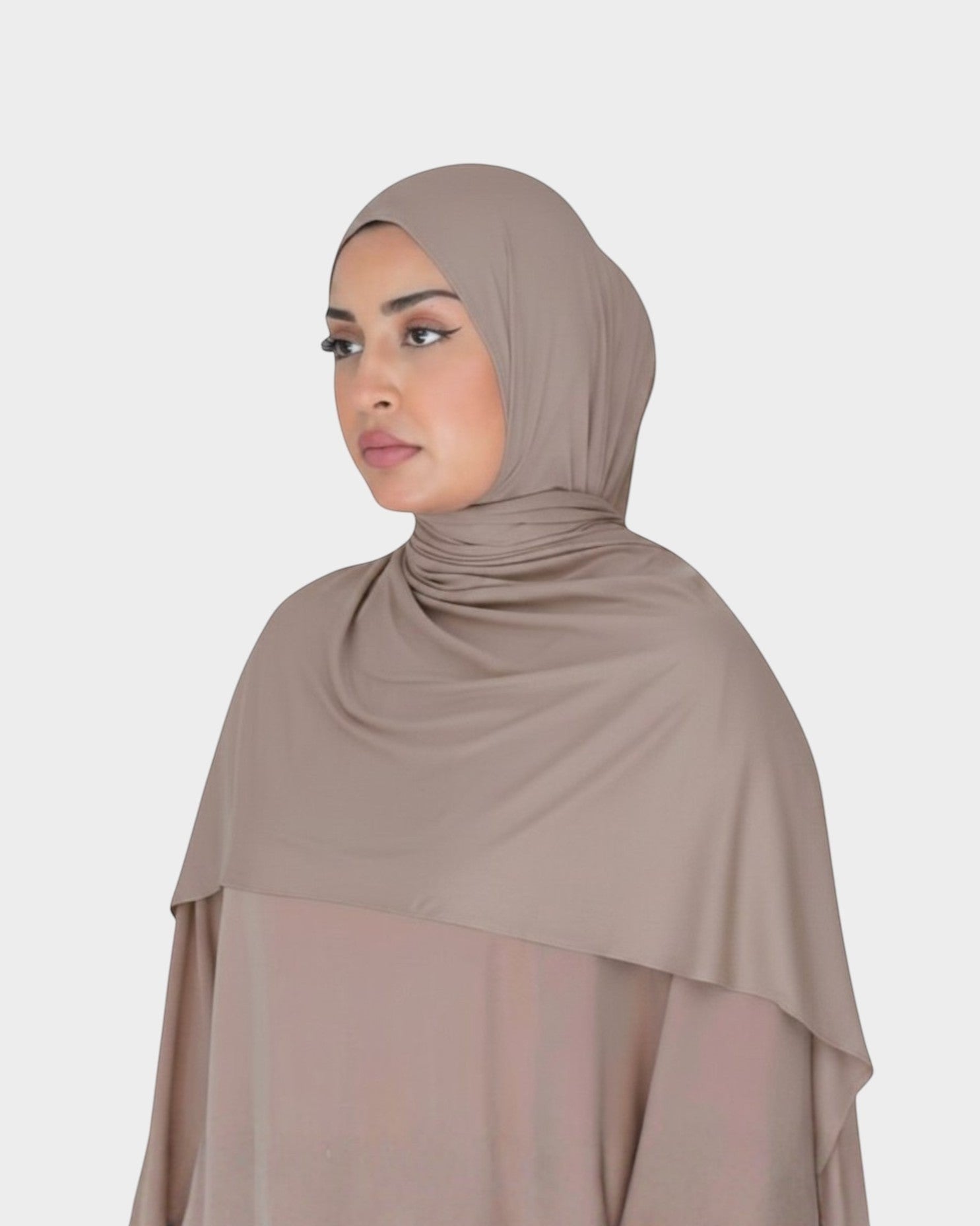 HIJABI LONDON beige premium jersey cotton hijab with Lycra blend for a comfortable, stretchy fit. Perfect for everyday wear.
