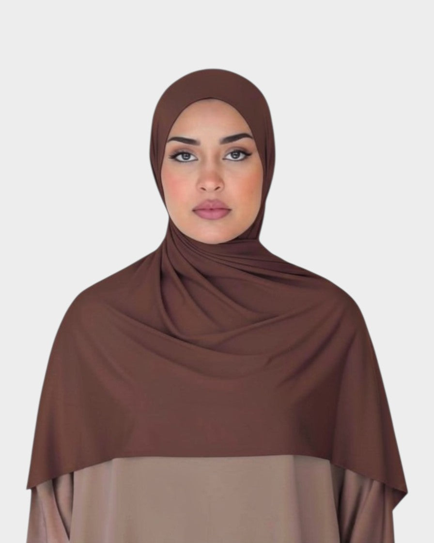 HIJABI LONDON Chocolate Premium Jersey Hijab made from soft, breathable cotton with Lycra for a comfortable, stretchy fit.