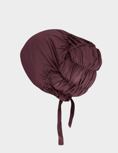 HIJABI LONDON Aubergine Modal Hijab with ruched detailing and tie closure. Deep regal purple with plum undertones.