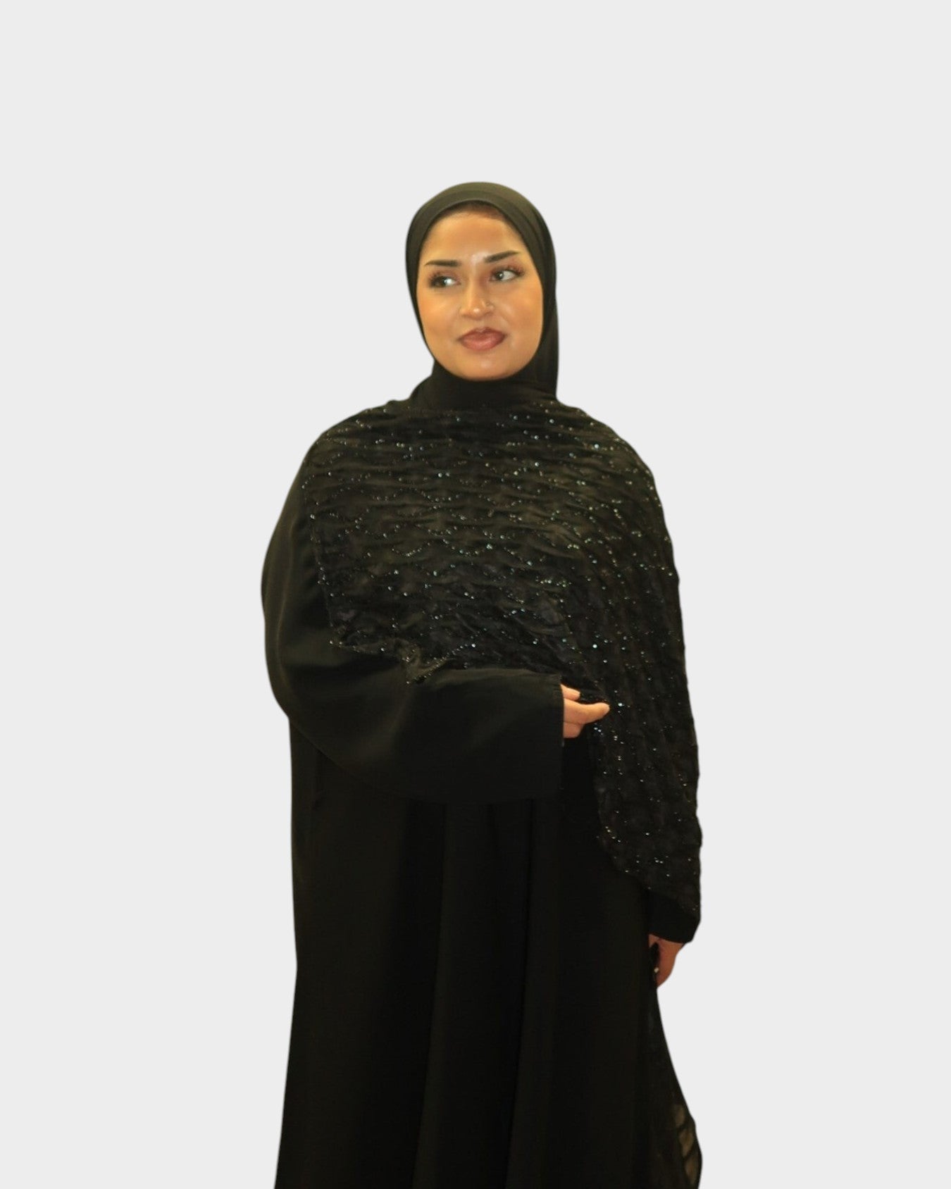 HIJABI LONDON Layali black abaya with wrap sleeves and beaded floral embroidery. Includes matching chiffon hijab.