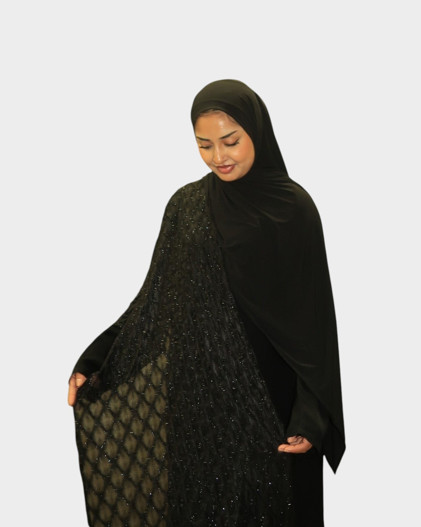 HIJABI LONDON Layali black abaya with wrap sleeves and beaded floral embroidery. Includes matching hijab.