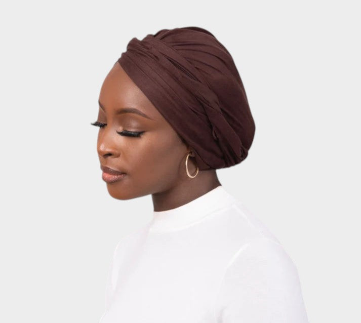 HIJABI LONDON Chestnut Suede Turban Wrap, a stylish and comfortable faux suede headwrap with a non-slip finish.