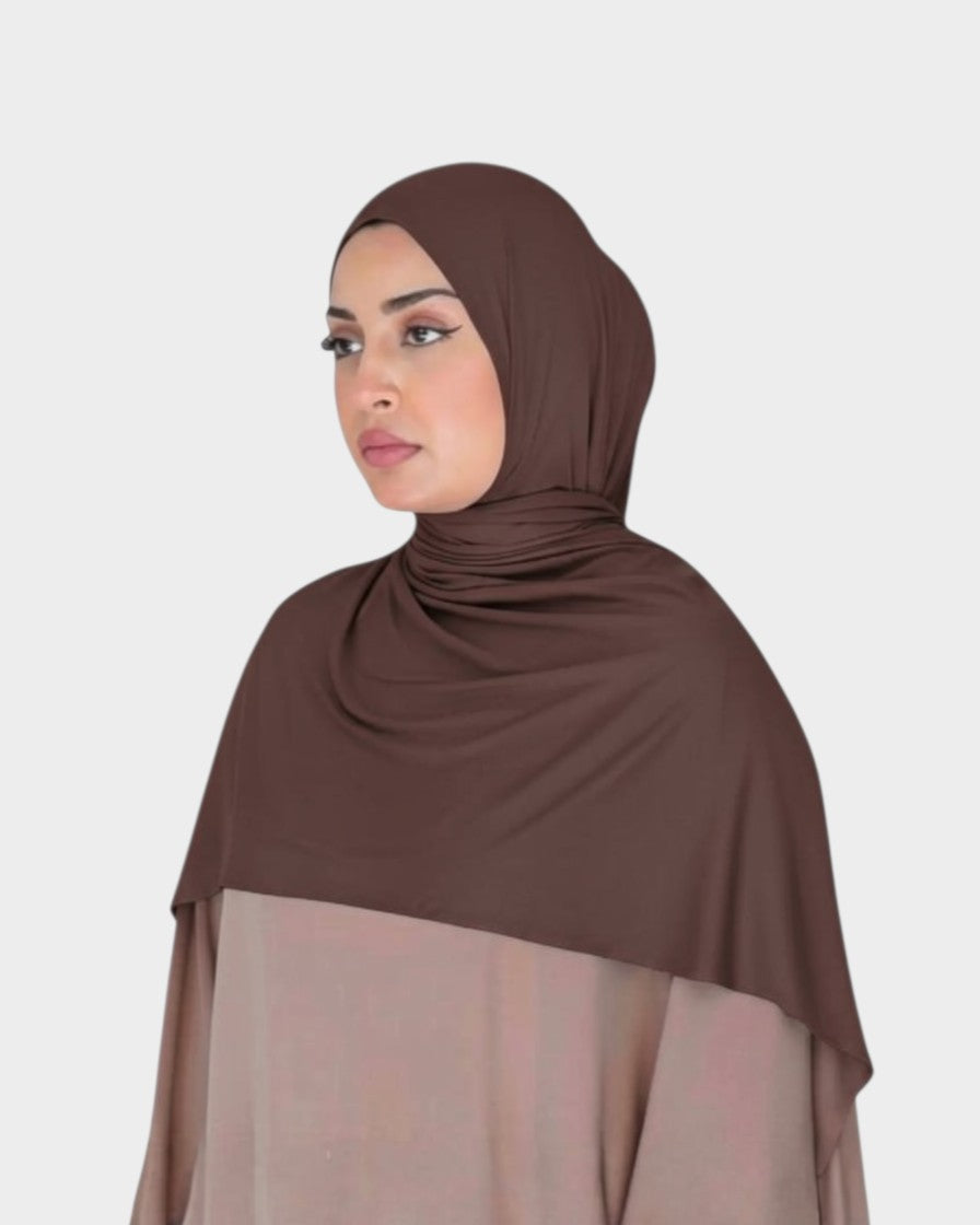 HIJABI LONDON Chocolate Premium Jersey Hijab made from soft, breathable cotton with Lycra for a comfortable, stretchy fit. Ideal for everyday wear.