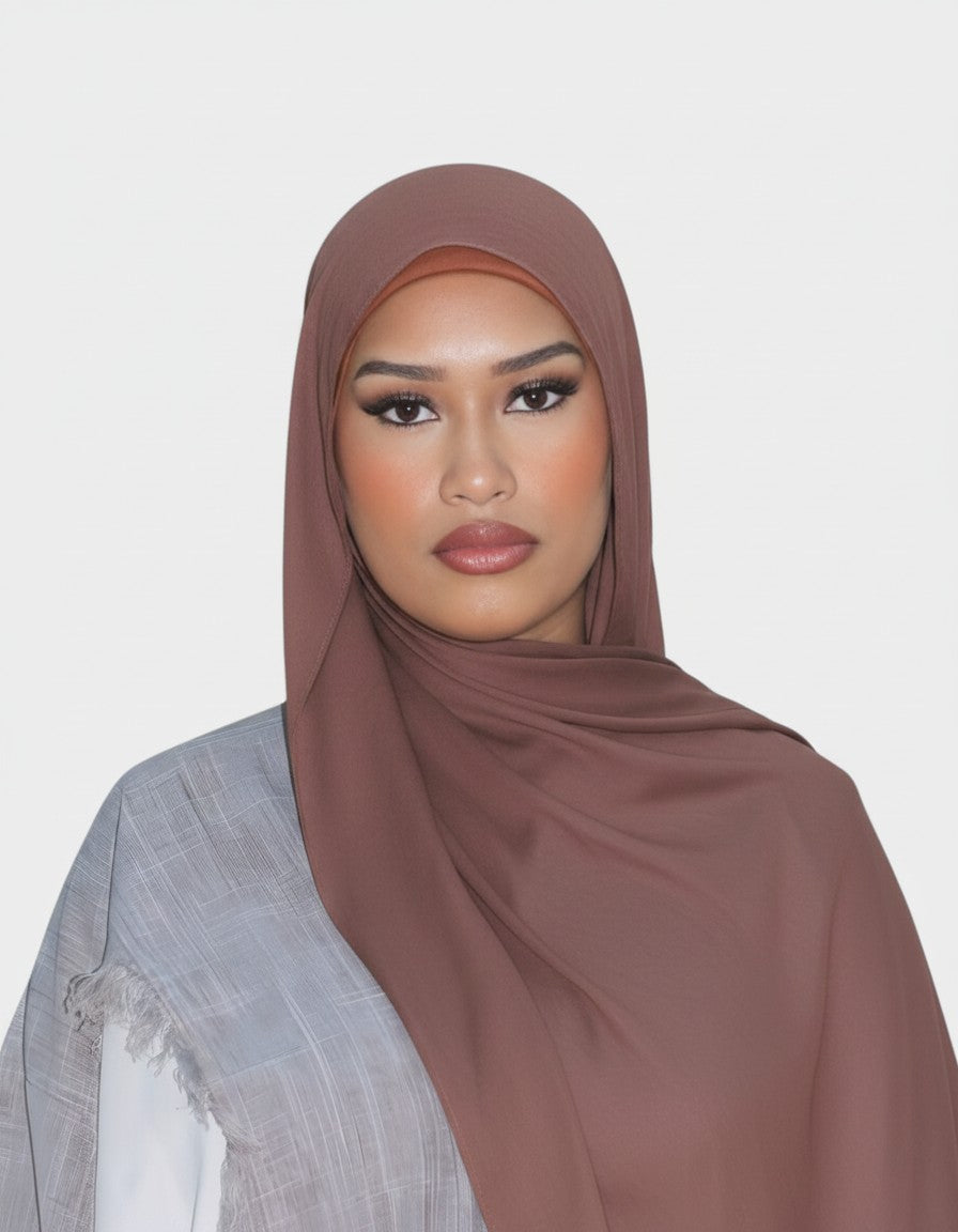 HIJABI LONDON Cocoa Modal Hijab in a rich brown with mauve undertones, made from soft, breathable modal fabric.
