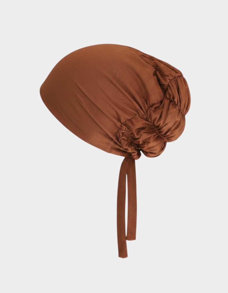 HIJABI LONDON Cocoa Modal Hijab in rich brown with mauve undertones, featuring a ruched design and tie detail. Made from soft, breathable modal fabric.
