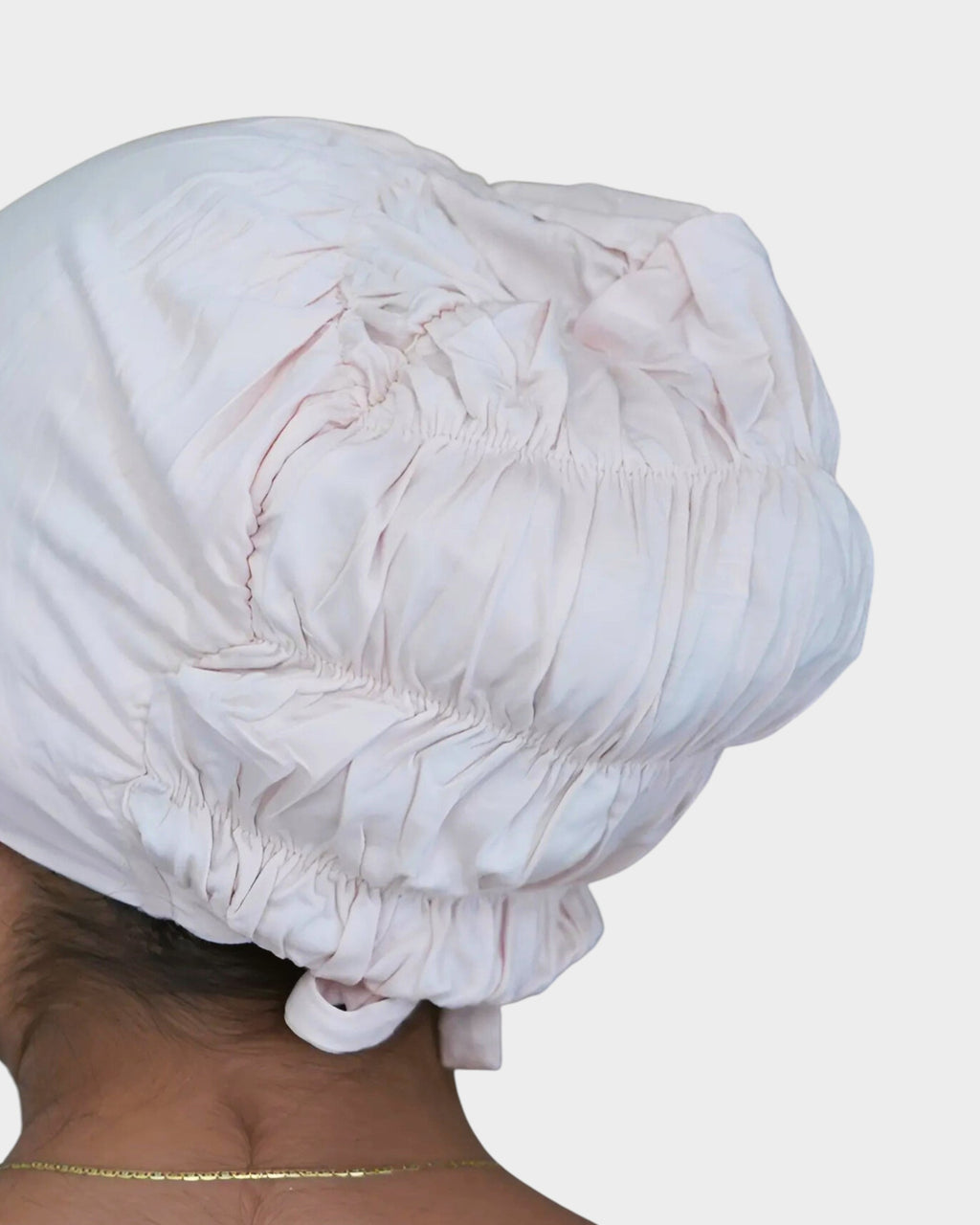 HIJABI LONDON cream cotton tie-back undercap with gathered elasticated design for long or thick hair.