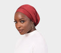 HIJABI LONDON deep red faux suede turban wrap with a non-slip finish, one size fits all.