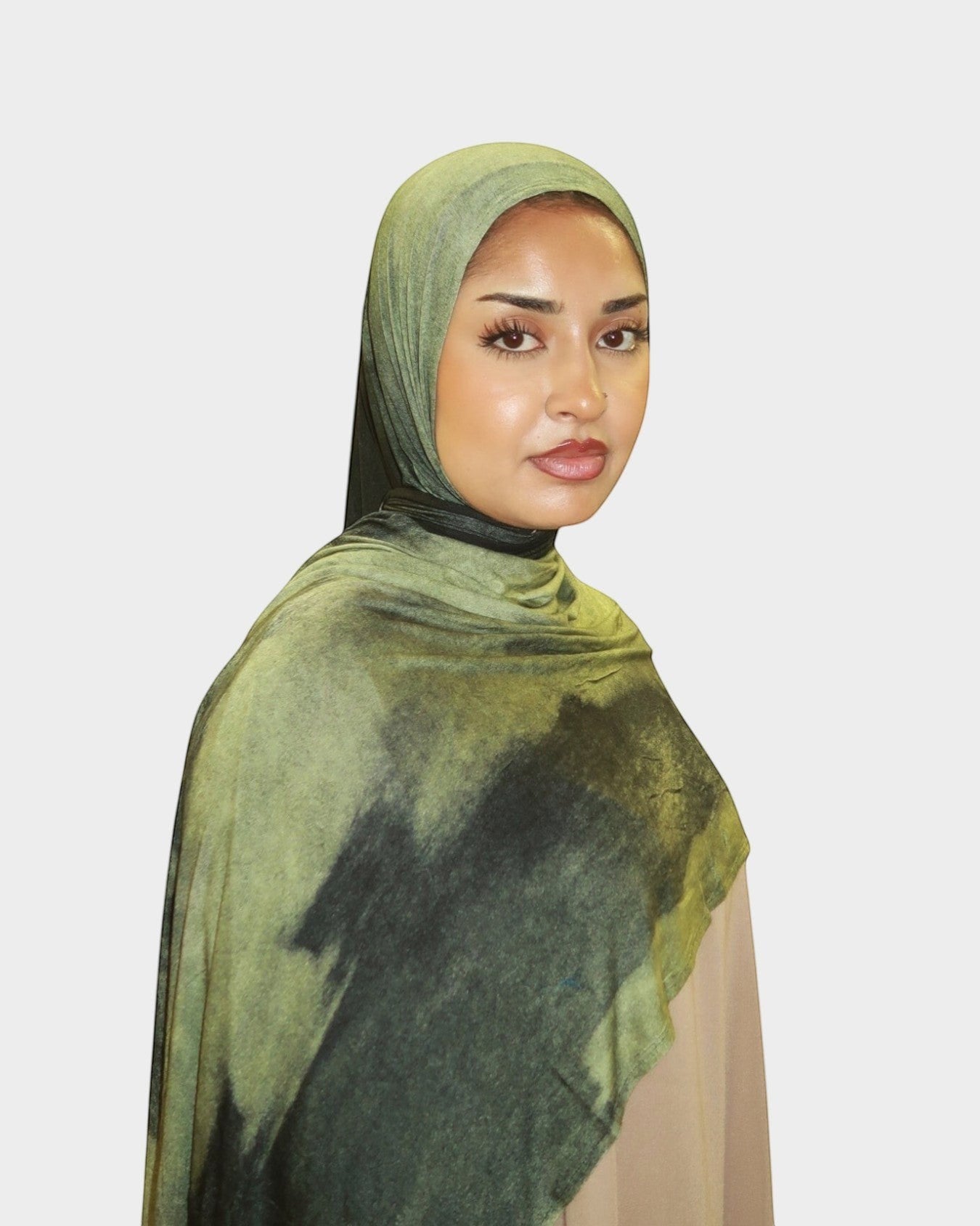 HIJABI LONDON Forest Premium Jersey Hijab in green and black tie-dye. Soft, breathable jersey fabric with a beautiful drape.