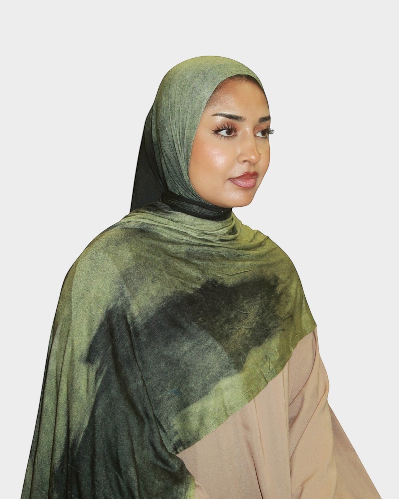 HIJABI LONDON Forest Premium Jersey Hijab in green and black tie-dye. Soft, breathable jersey fabric with a beautiful drape.