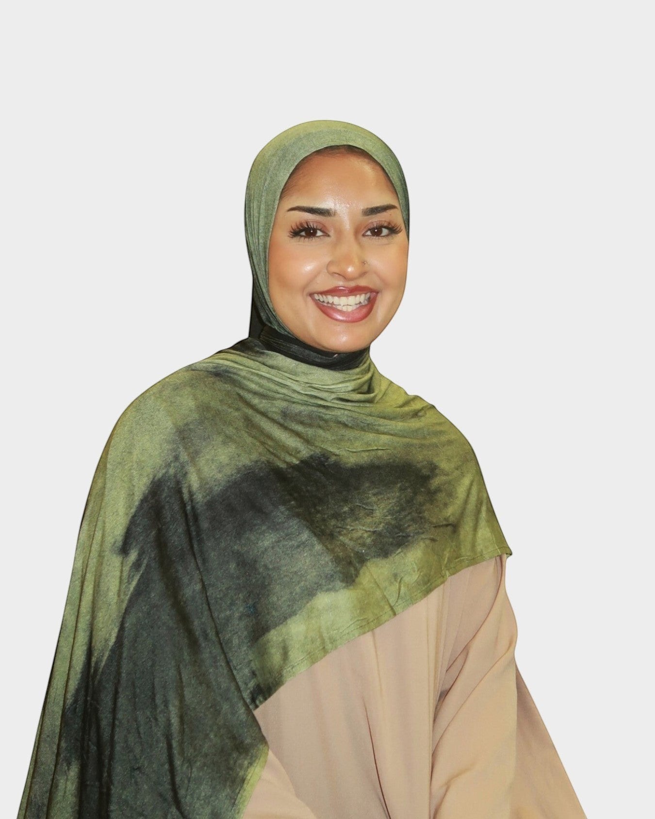 HIJABI LONDON Forest Premium Jersey Hijab in green and black tie-dye pattern. Soft, breathable jersey fabric with a beautiful drape.