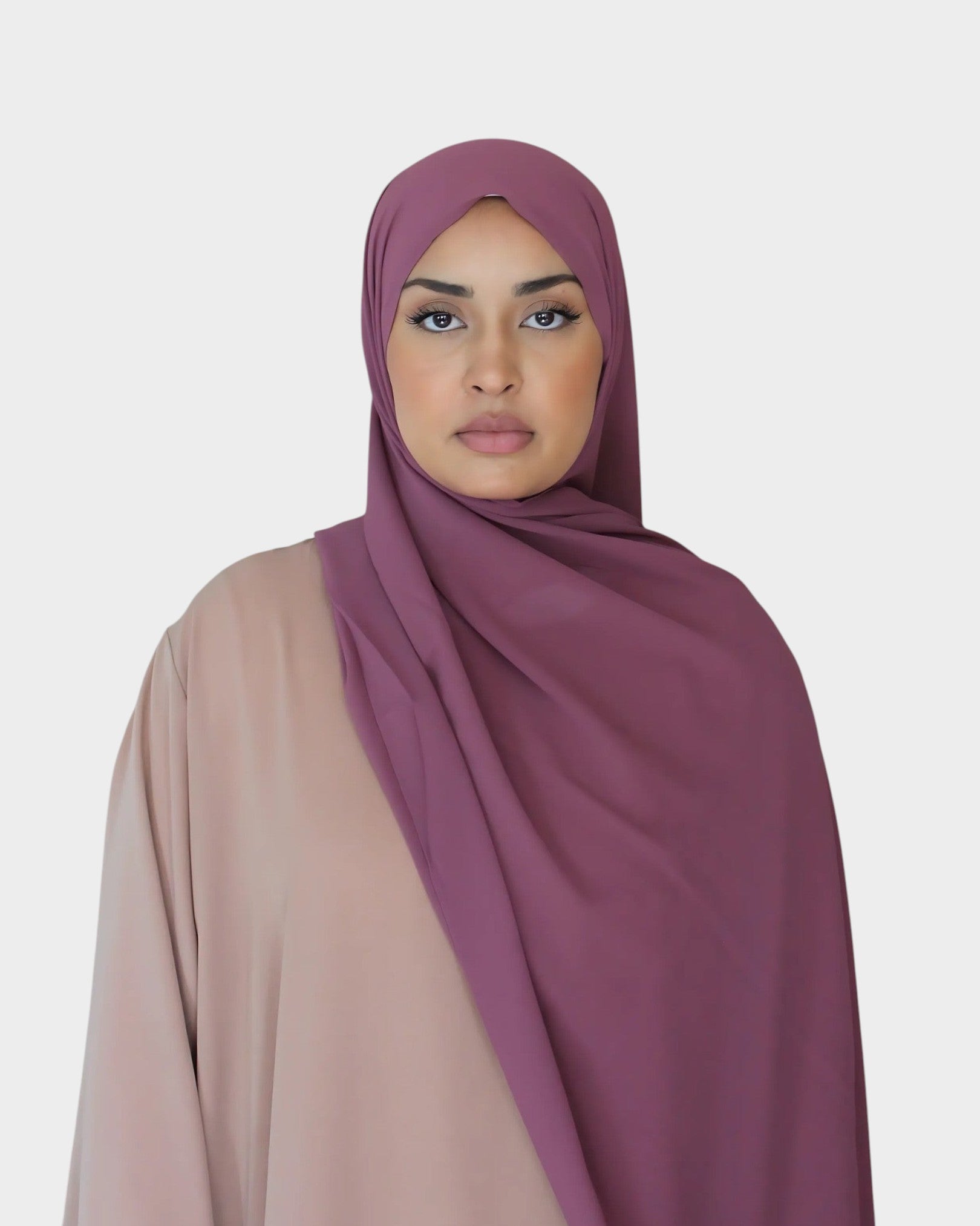 HIJABI LONDON grape chiffon hijab draped elegantly on a model. Lightweight, breathable fabric with a graceful drape.