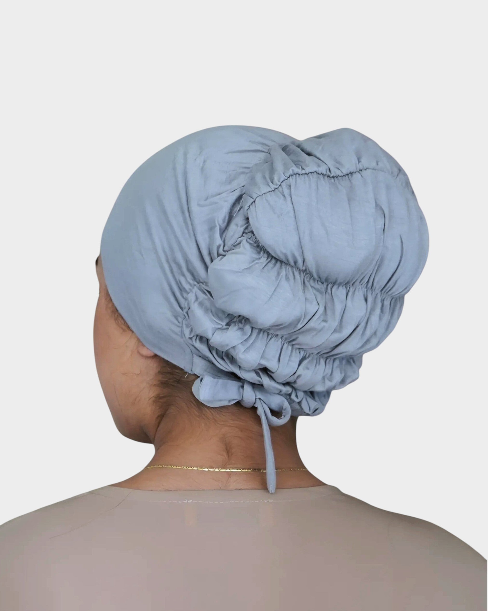 HIJABI LONDON grey cotton tie-back undercap with gathered elasticated design for secure fit.