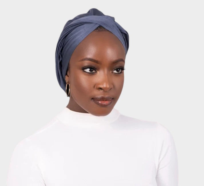 HIJABI LONDON grey faux suede turban wrap with a twisted front, one size fits all, non-slip and easy to wear.