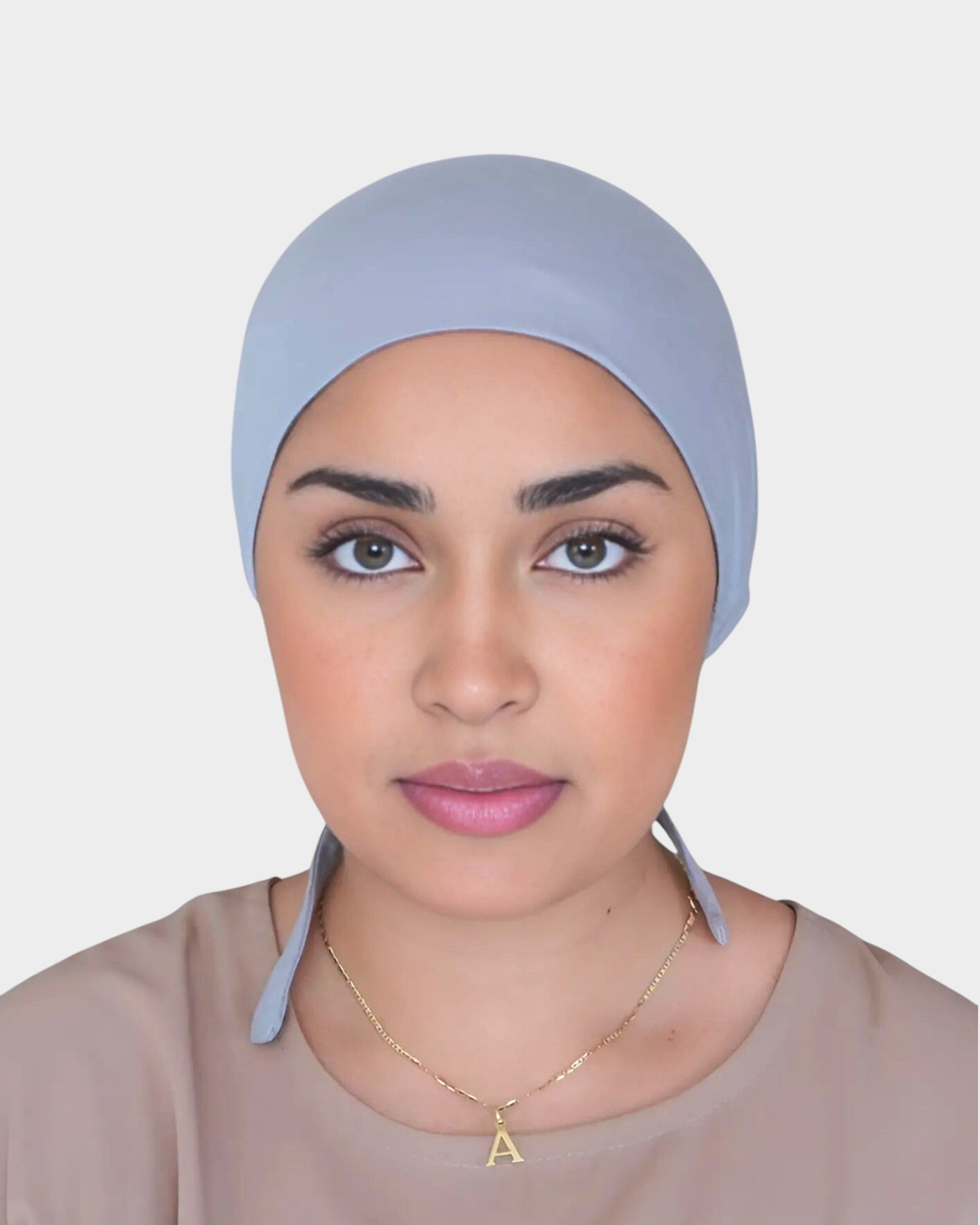 HIJABI LONDON light grey 100% cotton tie-back undercap for hijab styling, elasticated gathered design for secure fit.