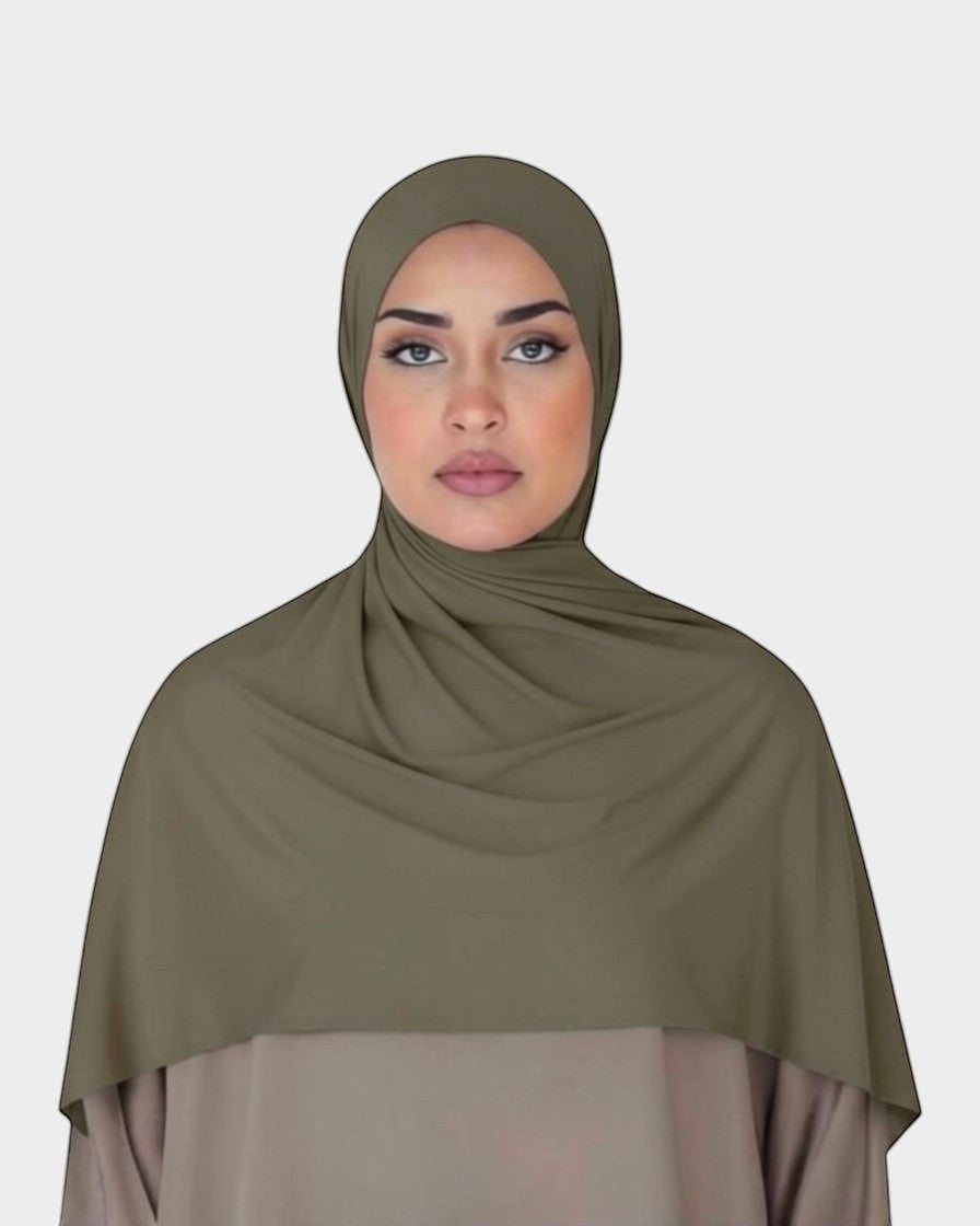 HIJABI LONDON Khaki Premium Jersey Hijab made from soft, breathable cotton with a Lycra blend for stretch. Ideal for everyday wear.