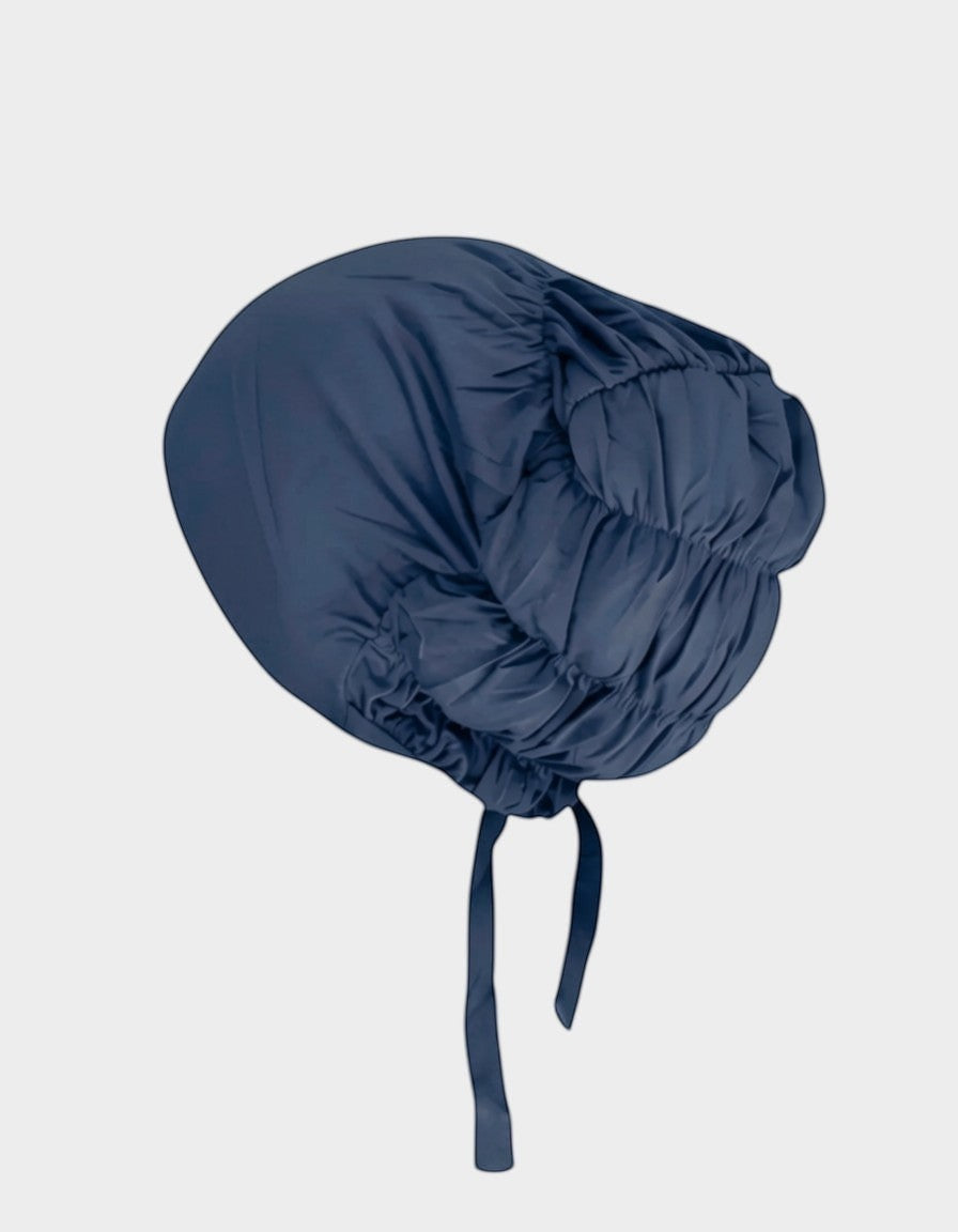 HIJABI LONDON navy blue ruched modal undercap with adjustable tie closure