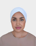 HIJABI LONDON white criss cross cotton undercap hijab for all-day comfort and secure fit.