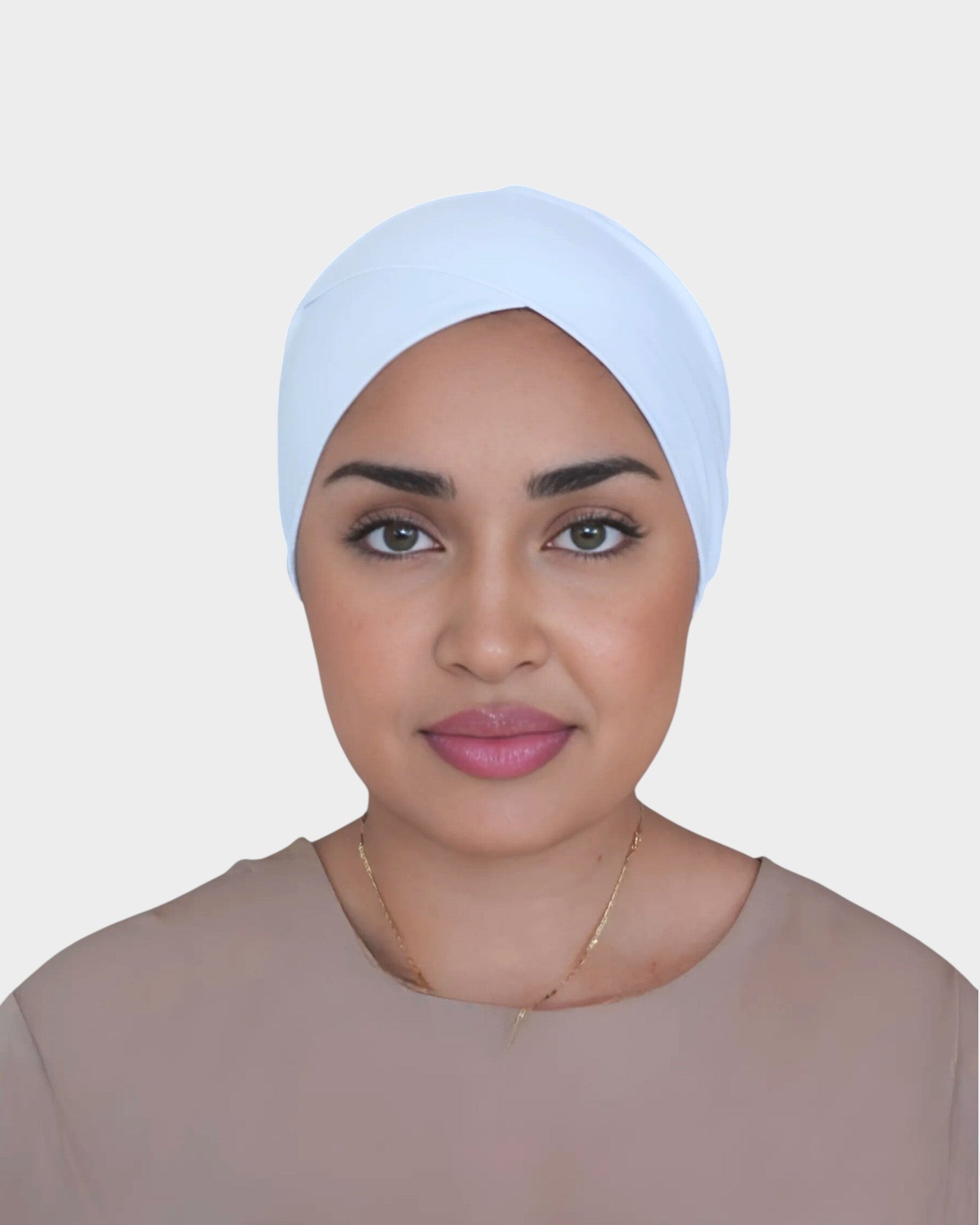 HIJABI LONDON white criss cross cotton undercap hijab for all-day comfort and secure fit.